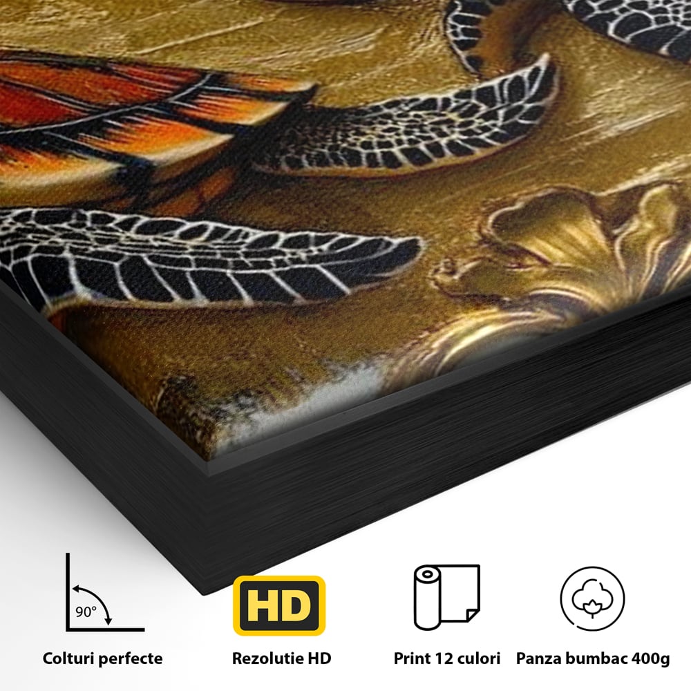 Detaliu al suprafetei: tablou canvas cu doua testoase, in rama de aluminiu negru